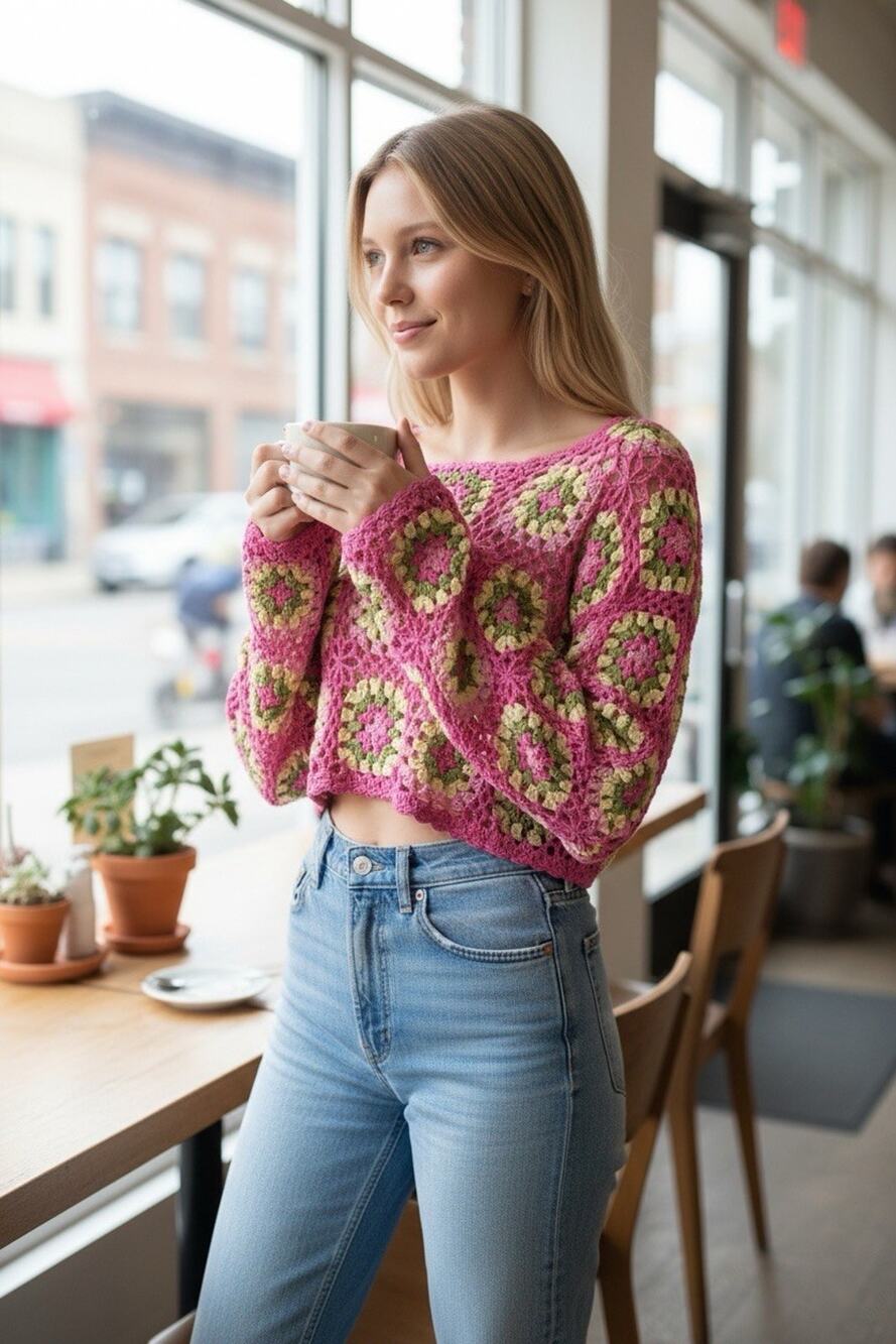 Debut Crochet Granny Square Sweater Cream Sz S Open Knit Boho Beach Top Festival